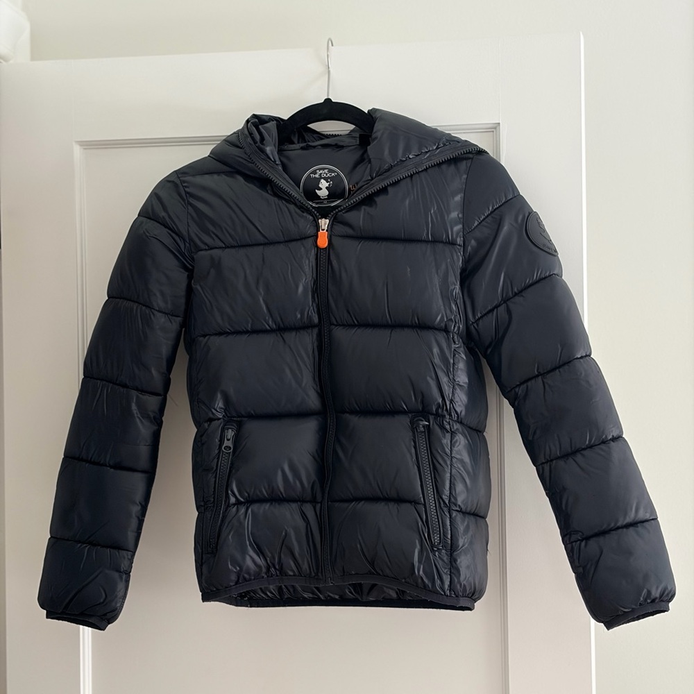 SAVE THE DUCK Boys Luck Black Hooded Puffer Jacket with Logo - Big Kids Size 12